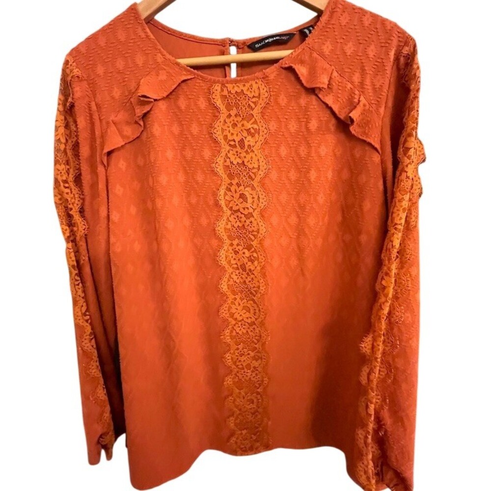 Isaac Mizrahi Live! Blouse Womens Size 12 Rust Orange Lace Ruffle Top
